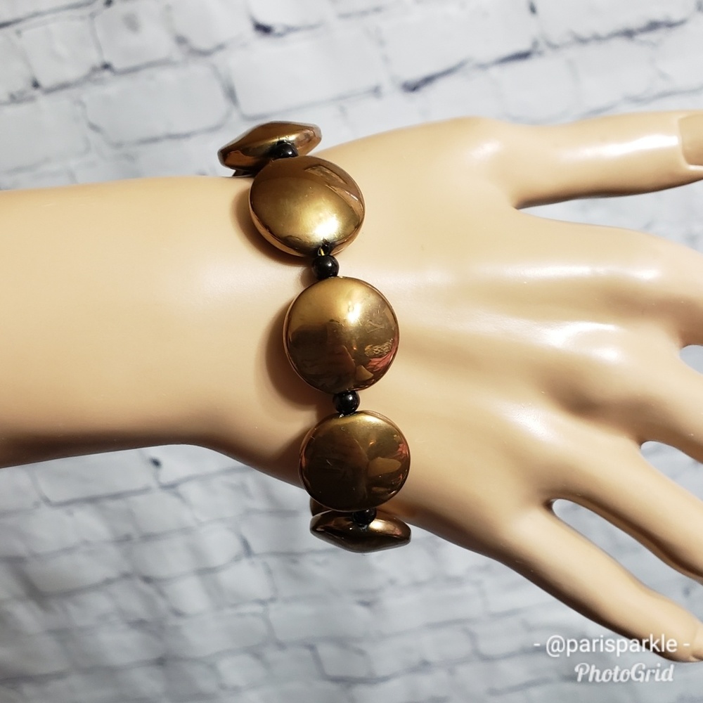 Handmade Dark Gold-toned Disc & Bead Bracelet